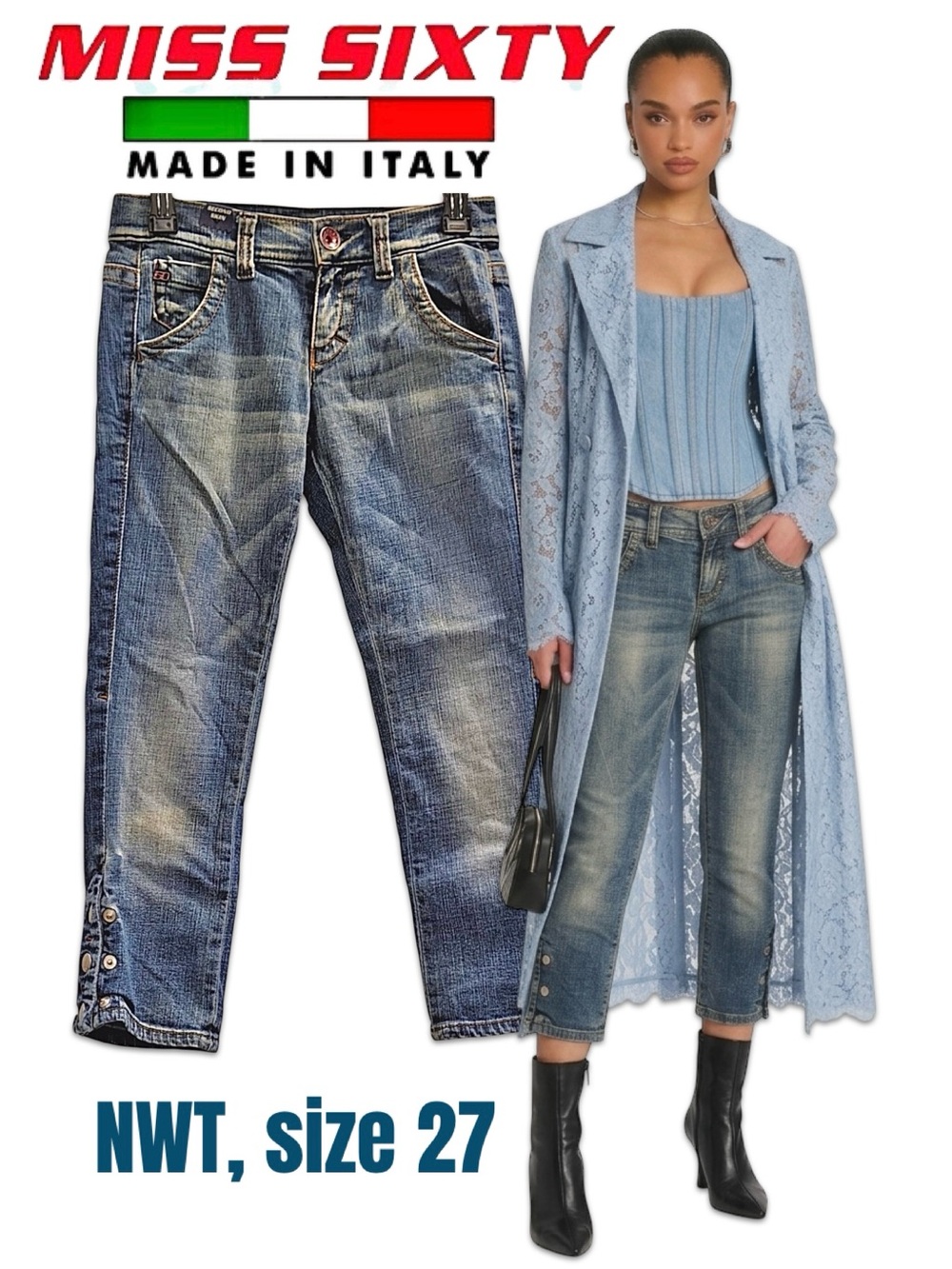 Miss Sixty Distressed Cropped Jeans in Faded Blue